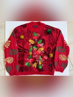32 Degrees Red Embellished Flamingo & Parrot Ugly Christmas Sweater size Small